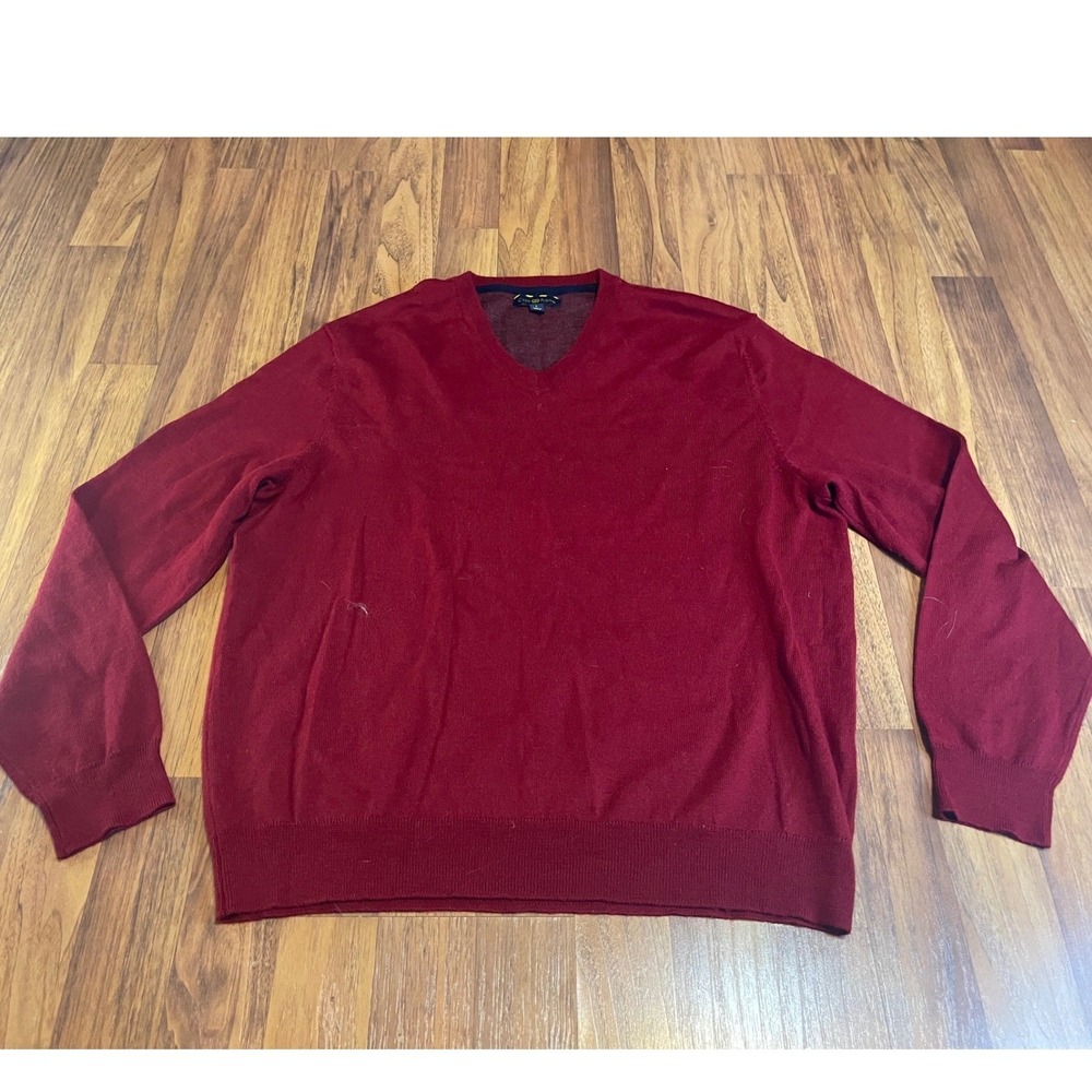 Club Room Mens V-Neck Sweater Burgundy Red Merino Wool Blend Pullover Large FA15